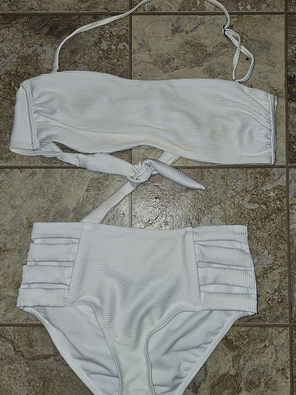 Ribbed White High-Waist Bandeau Bikini - Women's Swim
